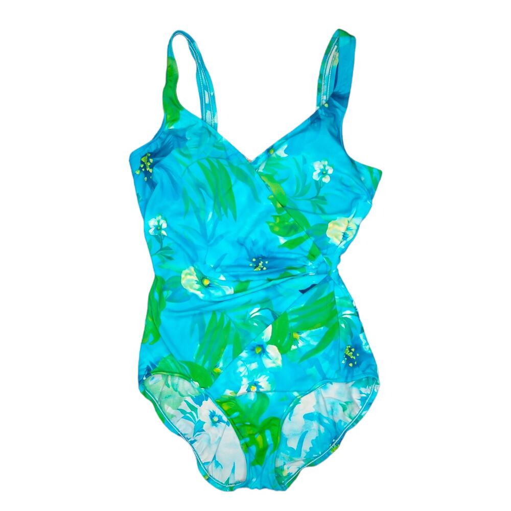Vintage Maxine of Hollywood Blue Floral Bathing Suit size 14 Slimming Faux Wrap